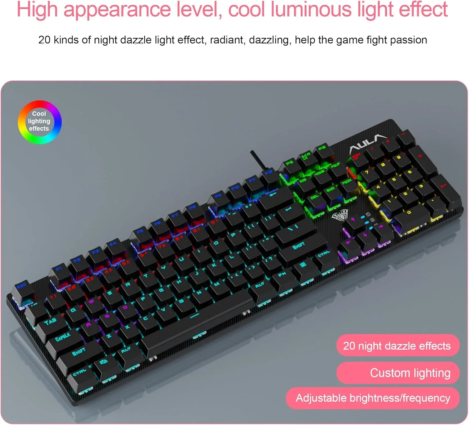AULA S2022 Pro Mechanical Wired Gaming Keyboard, Rainbow LED Backlit with Num Lock for Windows PC Black - Red Switches