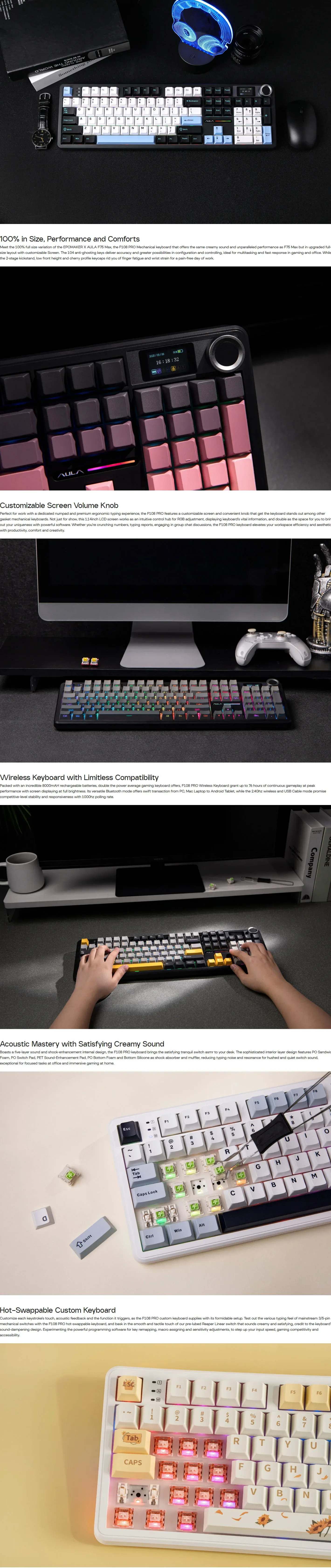 AULA F108 Pro Full-Size Mechanical Keyboard With Smart Screen Orange/Grey/DeepGrey