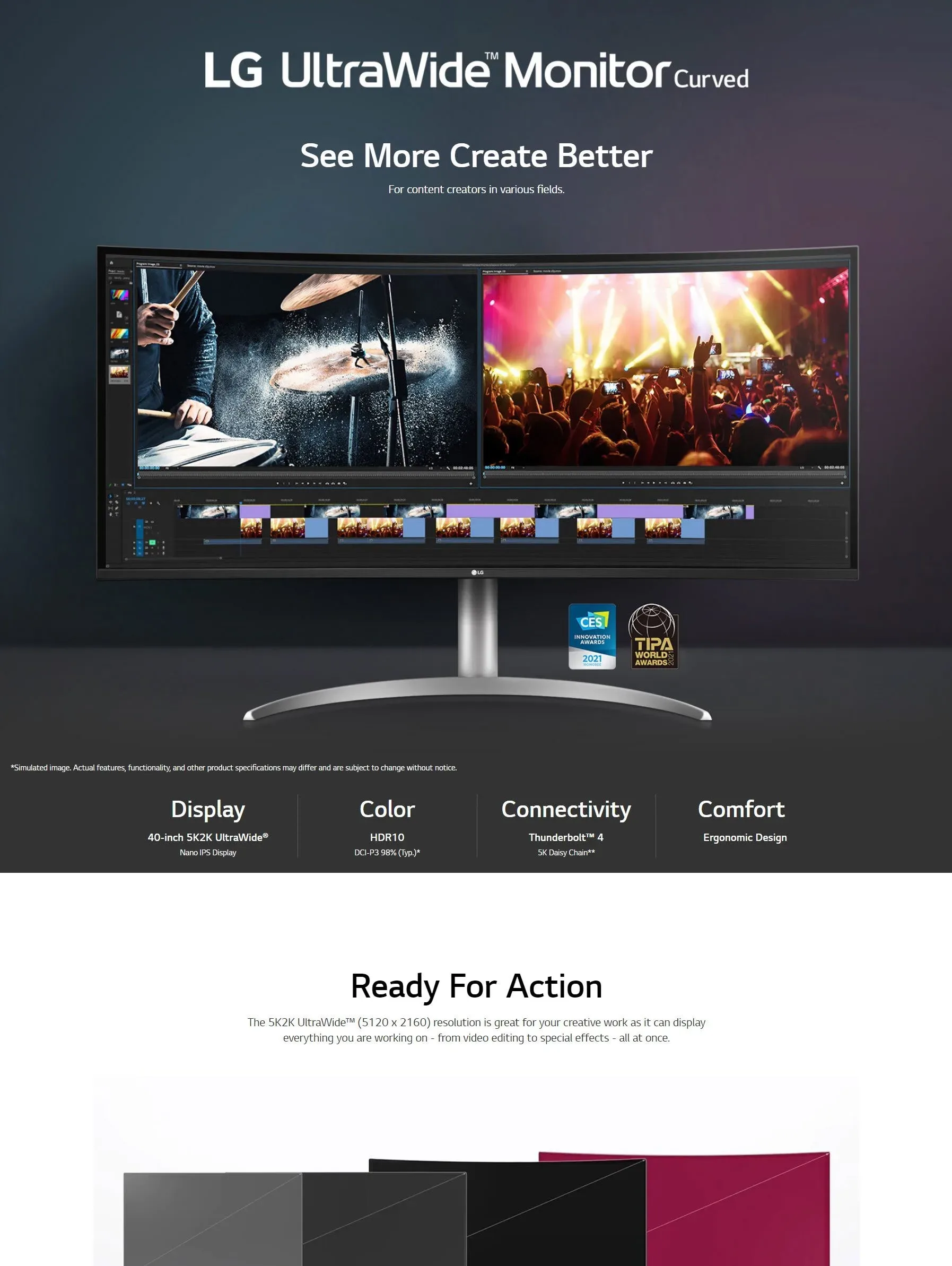 LG UltraWide 40WP95C-W 40” Curved WUHD (5120 x 2160) 5K2K Nano IPS Computer Monitor, DCI-P3 98% (Typ.) HDR10, Thunderbolt 4 w/ 96W PD, 3-Side Virtually Borderless Design Tilt/Height/Swivel Stand,Black (Open Box) - spec 1 - MegaComputer.pk