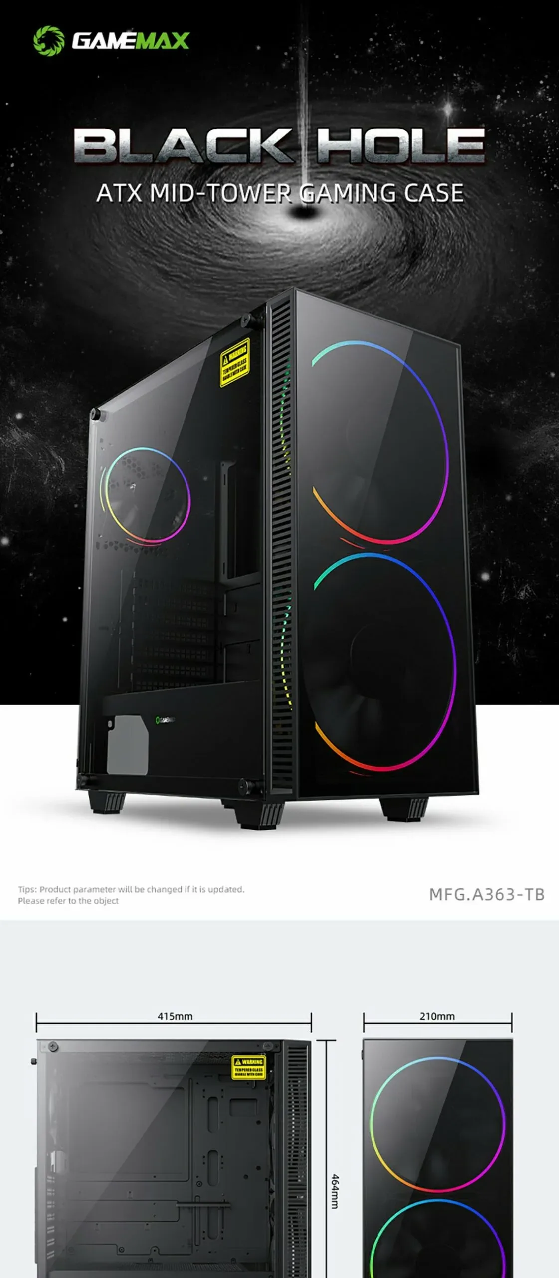 GameMax Black Hole E-ATX Gaming Case - Black