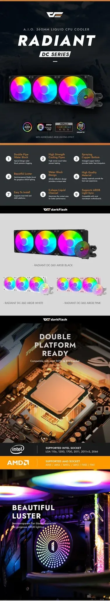 Darkflash Radiant DC-360 ARGB 360MM Liquid CPU Cooler - White