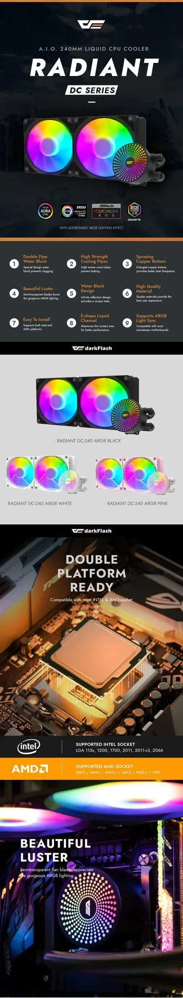 DarkFlash Radiant DC 240 ARGB AIO CPU Liquid Cooler  - Black