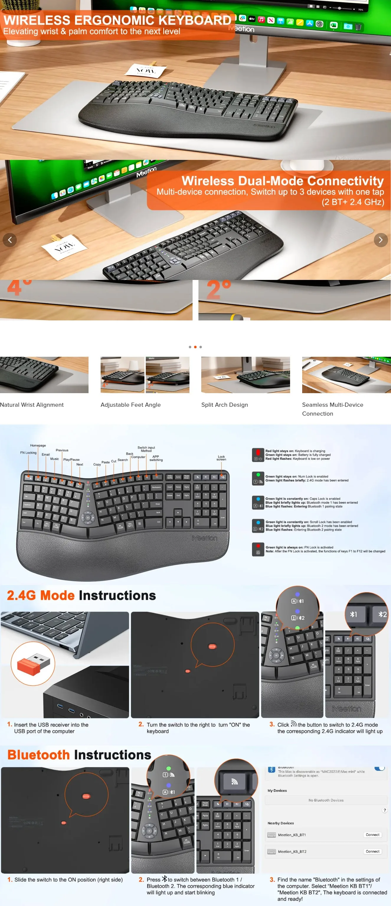 Meetion DirectorWe2 Multi Device Dual-Mode Wireless Ergonomic Keyboard - Black