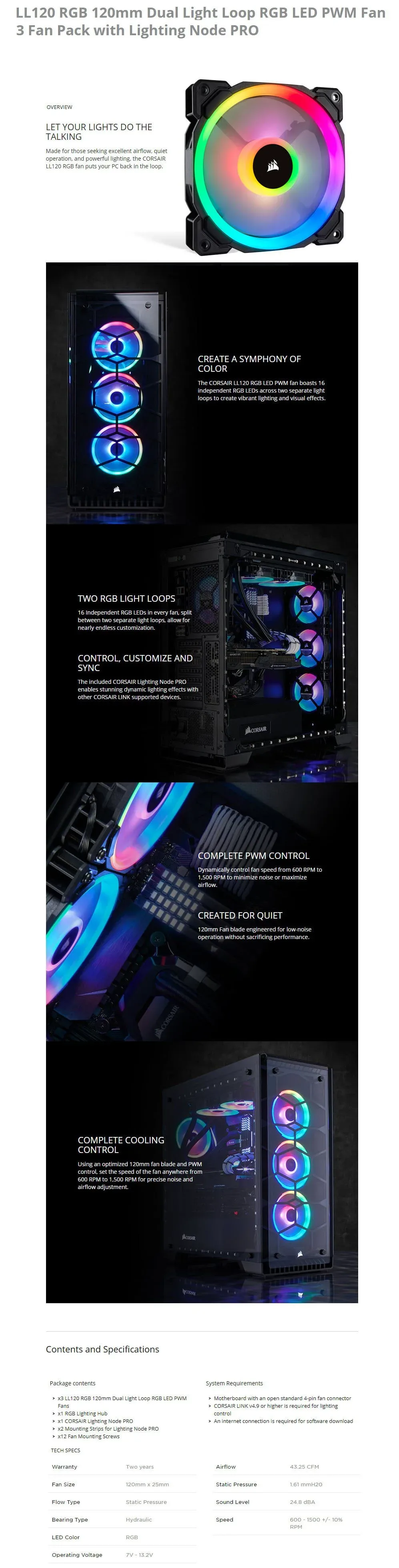 Corsair LL120 RGB 120mm Dual Light Loop RGB LED PWM Fan — 3 Fan Pack with Lighting Node PRO