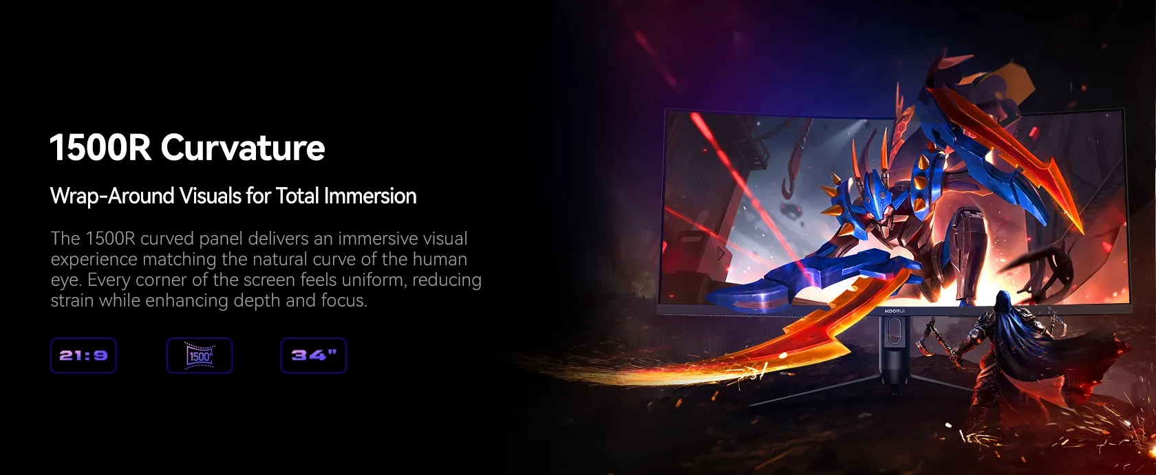 KOORUI G3441XC 34" 240Hz 1ms MPRT sRGB 125%, Adobe RGB 102%, UWQHD VA 1500R Curved Gaming Monitor, HDR 400, 21:9 Aspect 