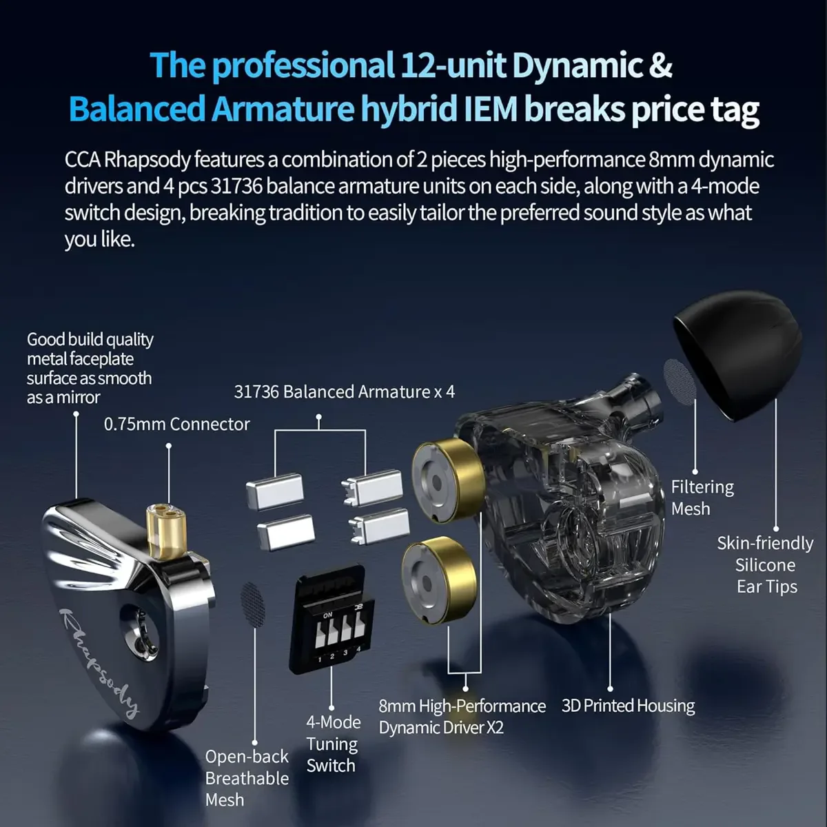 CCA Rhapsody 2DD+4BA Hybrid Ergonomic Design for Comfort with Microphone
