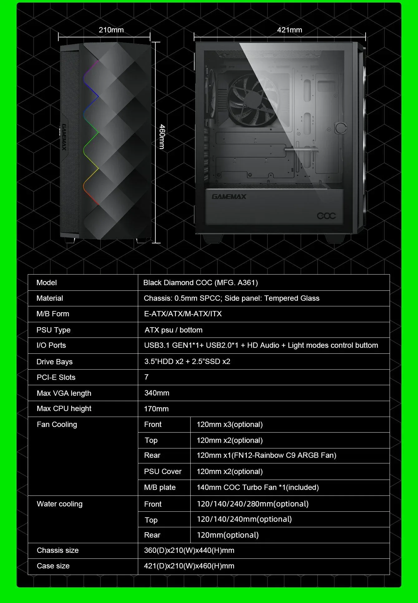 GameMax Diamond COC E-ATX Gaming Case - Black