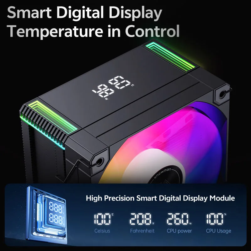SNOWMAN MT4-V4D-ARGB CPU Cooler – 120mm ARGB Fan 4 Heat Pipes Digital Display