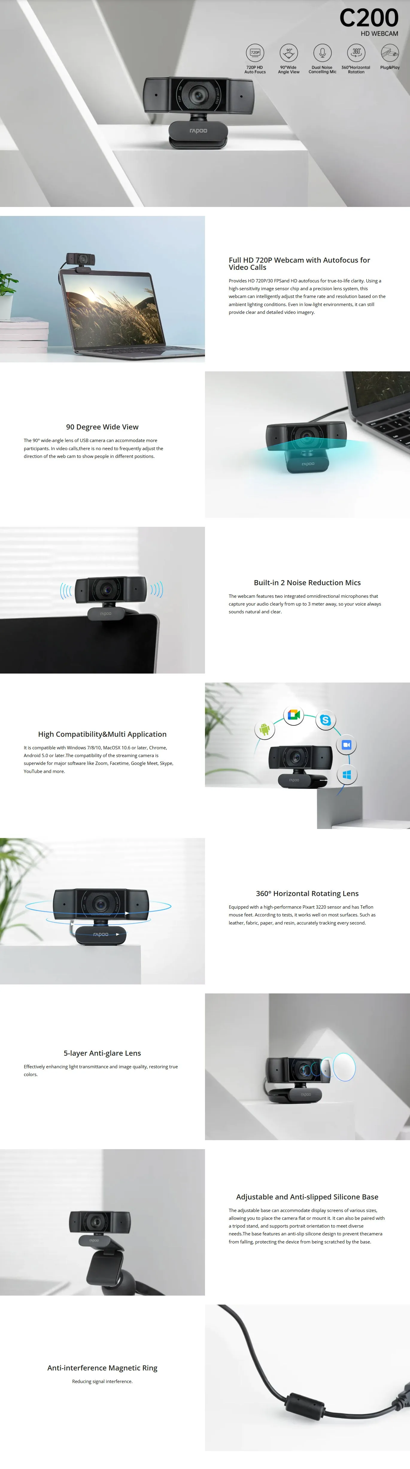 Rapoo C200 HD 720p 30fps Super Wide Webcam