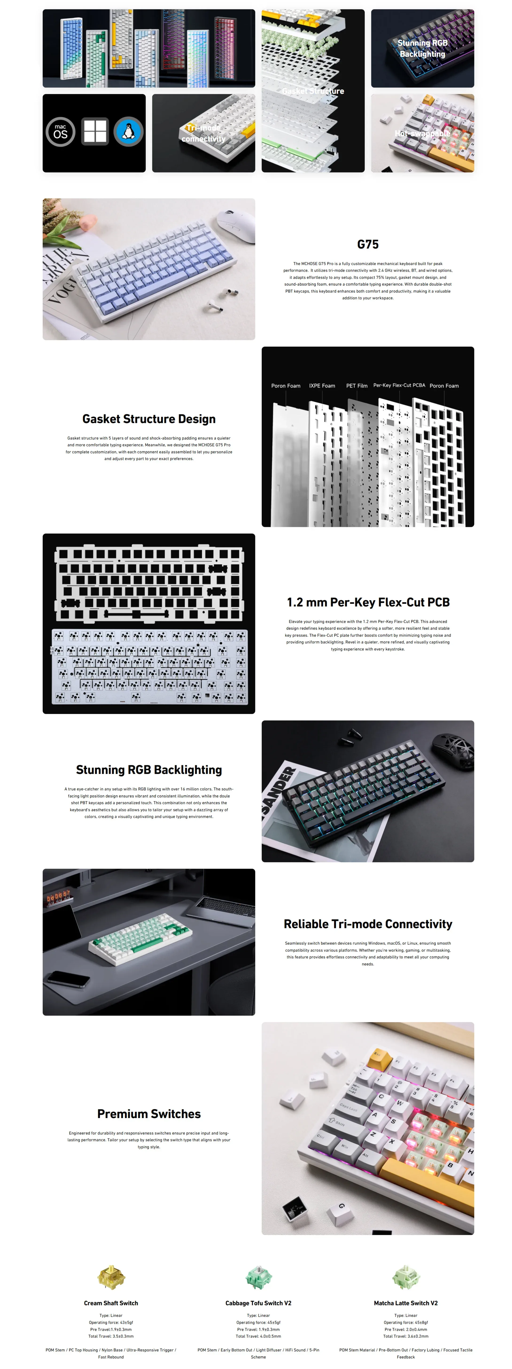 MCHOSE G75 Pro 75% Mechanical Keyboard Matcha Latte Switch Gasket Mount Hot-Swappable Cherry Profiles &amp; PBT Double-S