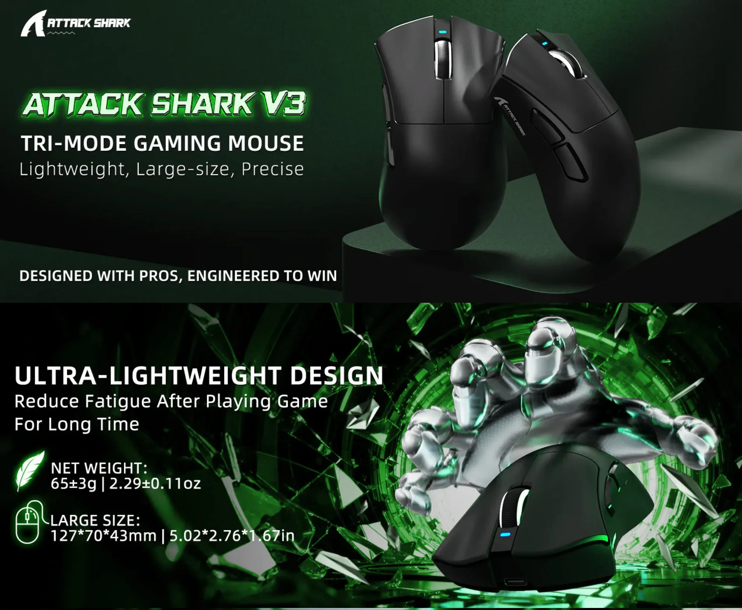 ATTACK SHARK V3 Ultra-Light Tri-Mode Gaming Mouse - Black - spec 1 - MegaComputer.pk