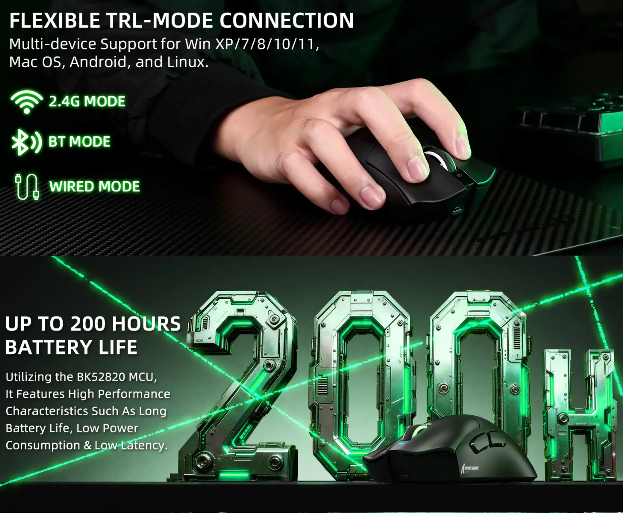 ATTACK SHARK V3 Ultra-Light Tri-Mode Gaming Mouse - Black - spec 4 - MegaComputer.pk