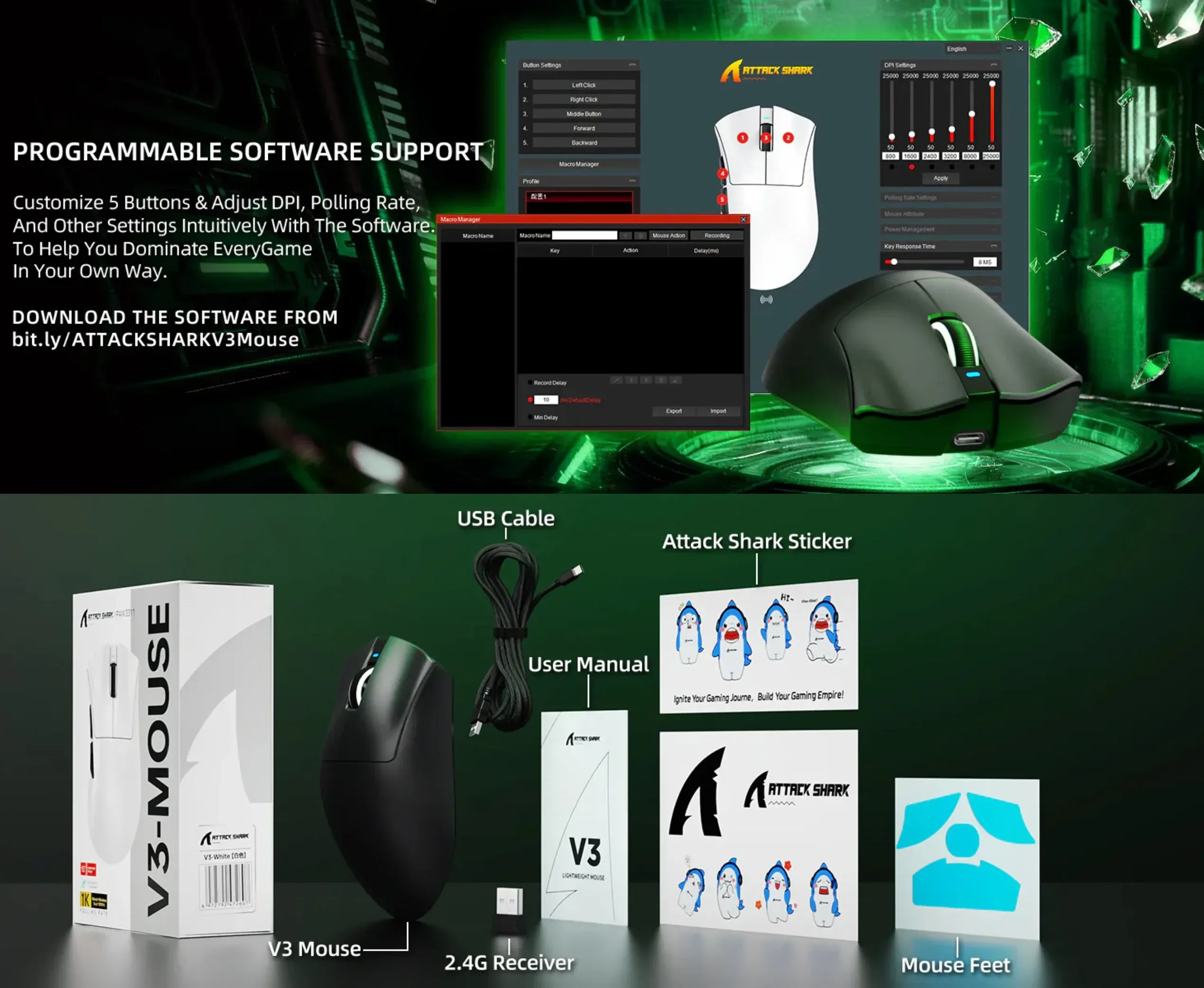 ATTACK SHARK V3 Ultra-Light Tri-Mode Gaming Mouse - Black - spec 5 - MegaComputer.pk