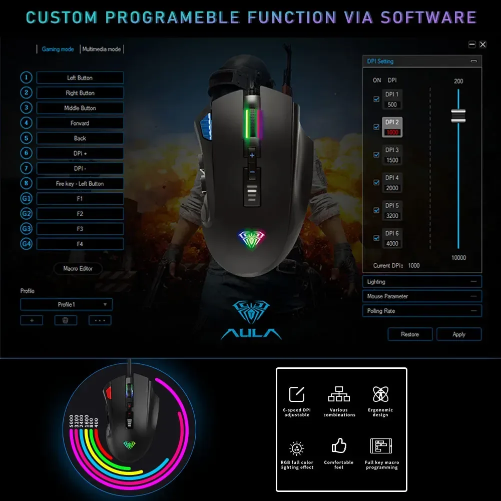 Aula H512 Programming USB Wired Gaming Mouse