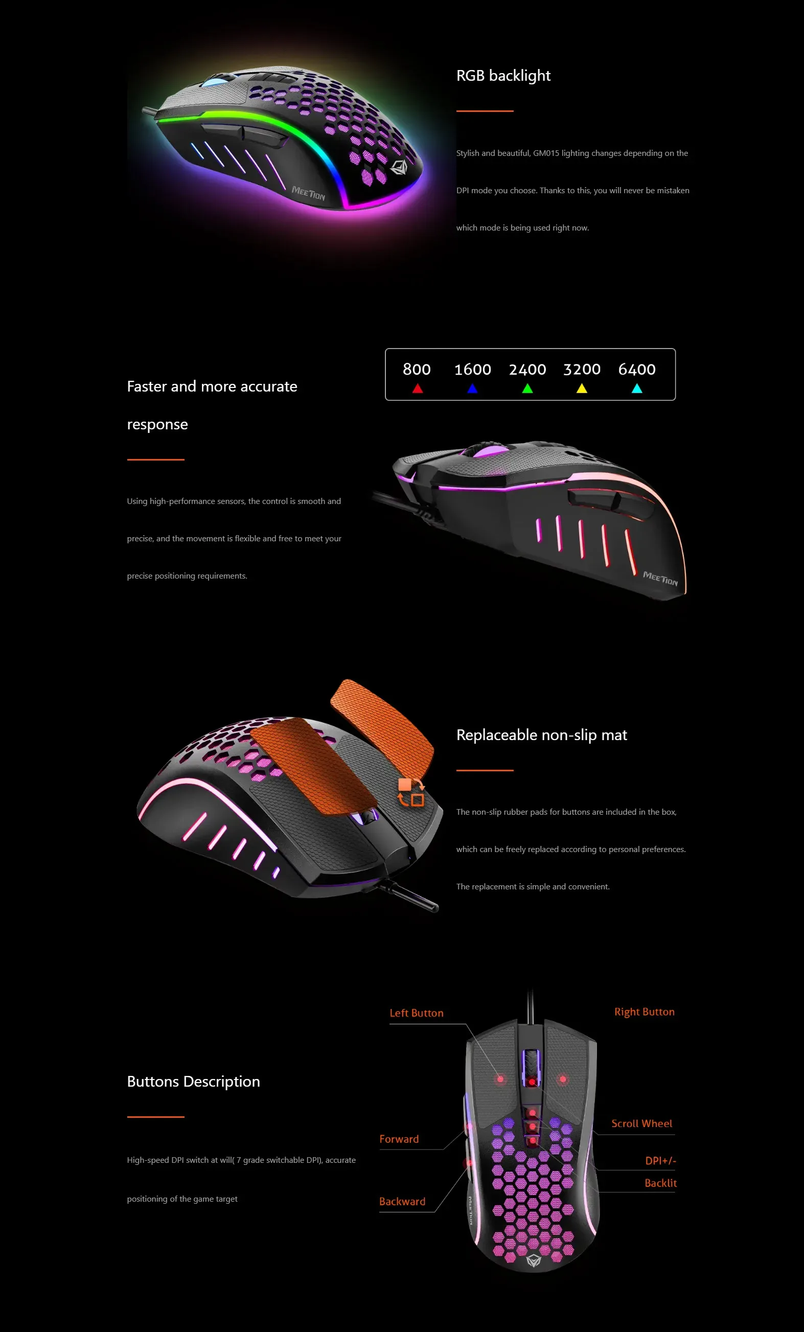 Meetion GM015 Honeycomb RGB Gaming Mouse – Lightweight 6400 DPI 7+1 Buttons