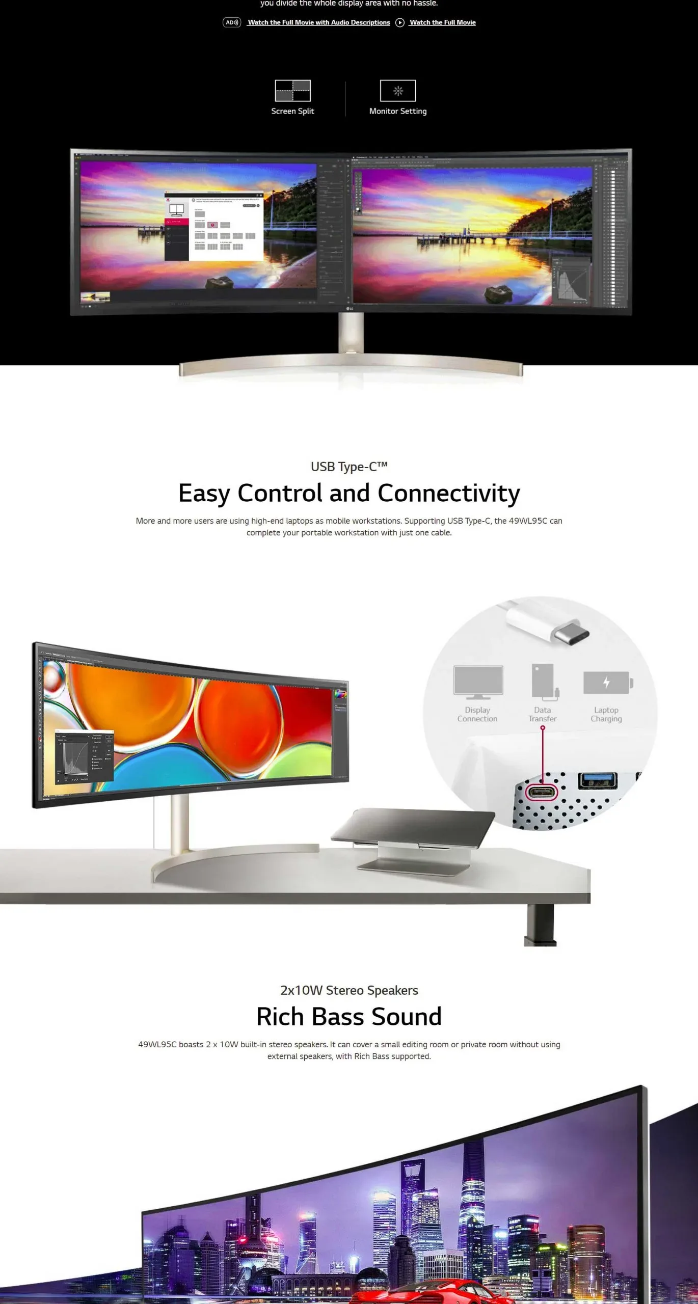 LG 49WL95C-W Ultrawide Dual QHD Monitor 49" 32: 9 (5120 x1440) Curved IPS Display, HDR10, USB Type-C, HDR 10, Ambient Li