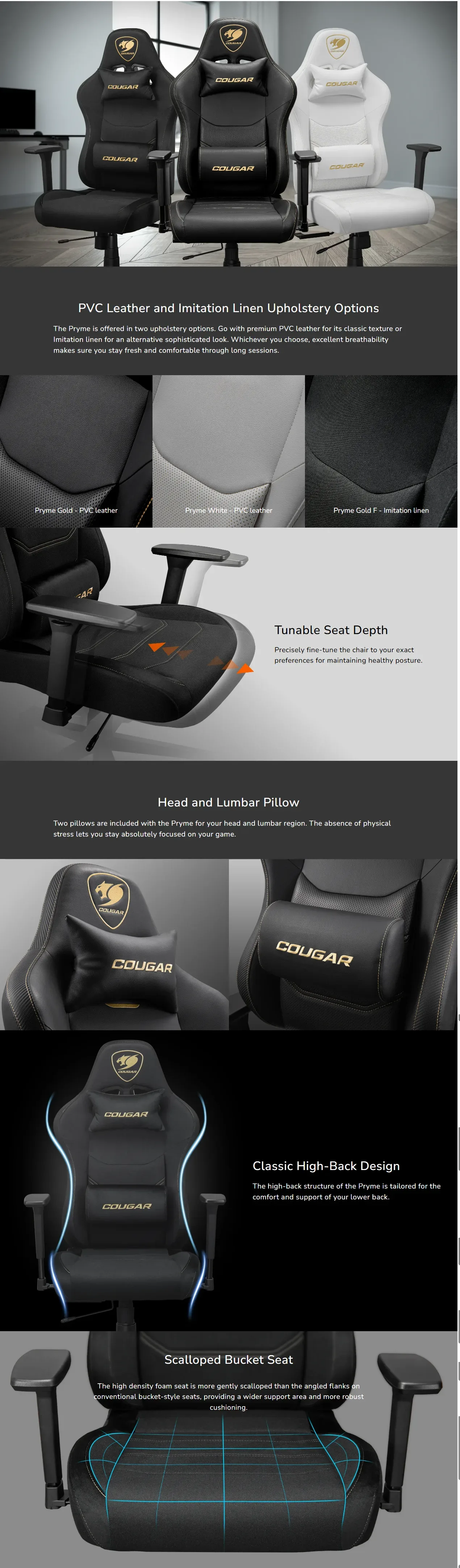 Cougar Pryme Premium Ergonomic Gaming Chair – Linen Fabric Adjustable Seat Depth, Head &amp; Lumbar Pillow - Gold F