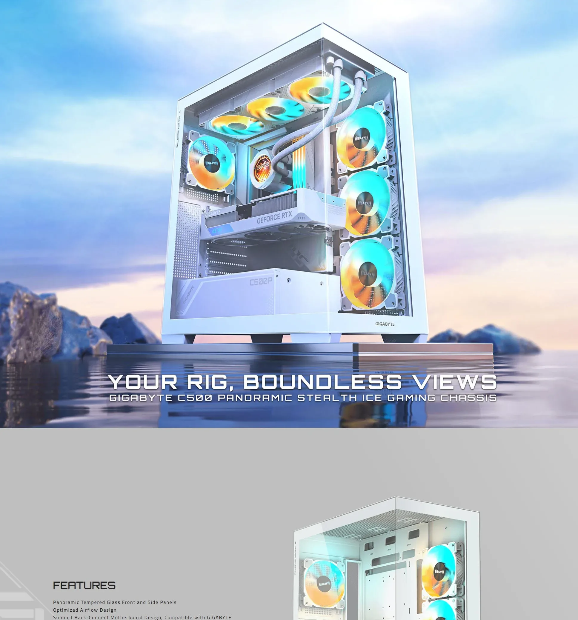 GIGABYTE C500 Panoramic SteaICE Mid Tower Gaming Case - White - spec 1 - MegaComputer.pk