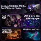 KOORUI G2511X 24.5" 240hz Gaming Monitor FHD 1080p, IPS Panel, 1ms Response Time, Adaptive sync 3-Sided Frameless,Ultra Slim,VESA,DP HDMI - Image 4