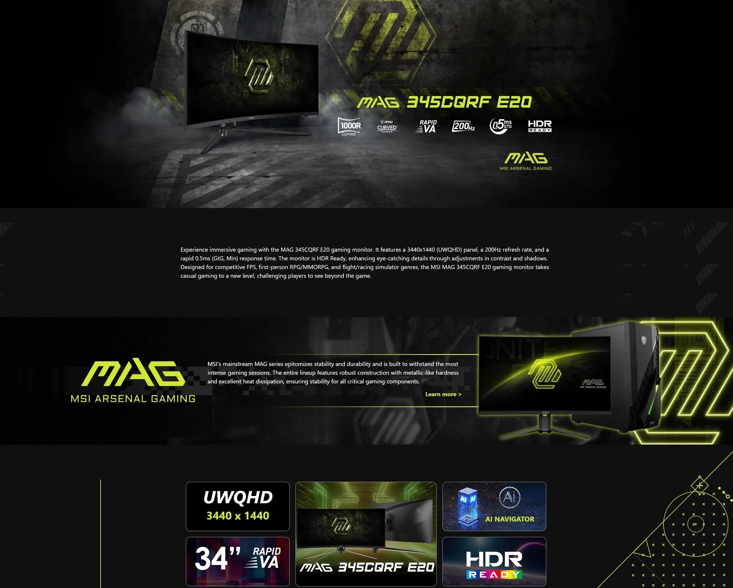 MSI MAG 345CQRF E20 Gaming onitor 3440x1440 (UWQHD) Panel 200Hz Refresh Rate 0.5ms (GtG, Min) Response time - spec 1 - MegaComputer.pk